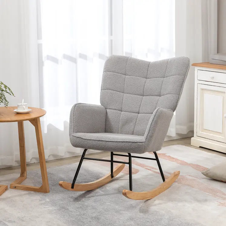 HOMCOM Berber Fleece Nursery Glider Rocker for Nursing, Wingback Rocking Chair for Living Room in Light Grey