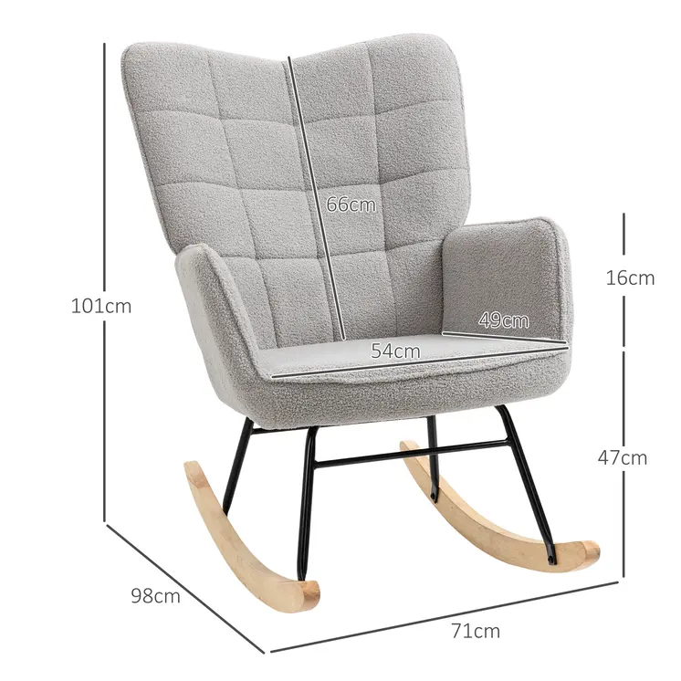 HOMCOM Berber Fleece Nursery Glider Rocker for Nursing, Wingback Rocking Chair for Living Room in Light Grey