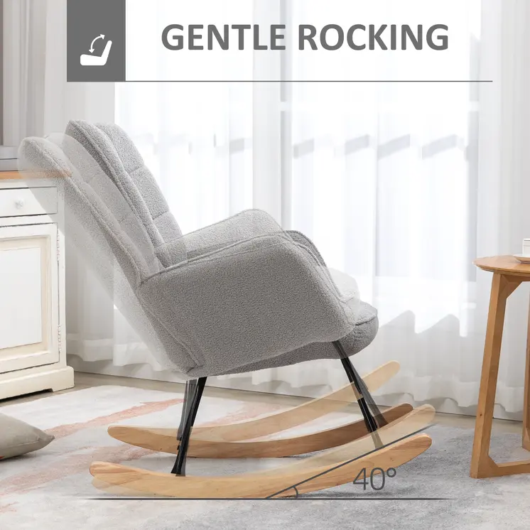 HOMCOM Berber Fleece Nursery Glider Rocker for Nursing, Wingback Rocking Chair for Living Room in Light Grey