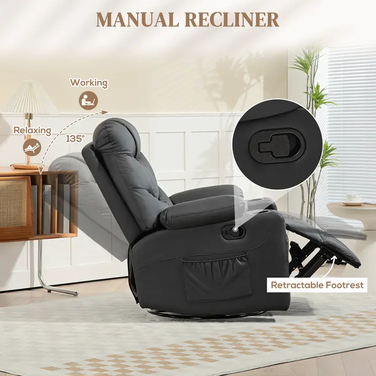 HOMCOM Manual Reclining Chair, Recliner Armchair with Swivel, Faux Leather, Footrest, Cup Holders, 86x93x102cm in Black