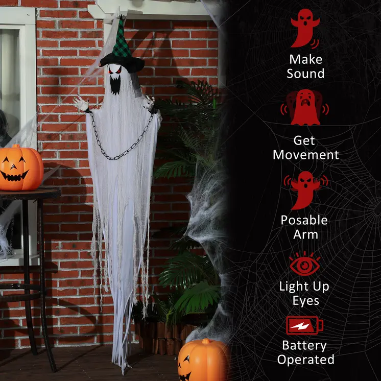 HOMCOM 204cm 80" Hanging Ghost Outdoor Halloween Decoration, Halloween Animatronic with Sound Activated, Light Up Eyes, Sound Effects, Animated Prop for Haunted House
