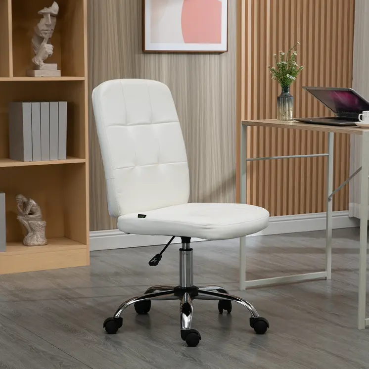 Computer Office Desk Chair, Faux Leather Desk Chair with Adjustable Height, Armless, White | Vinsetto