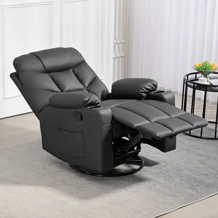 HOMCOM Manual Reclining Chair, Recliner Armchair with Swivel, Faux Leather, Footrest, Cup Holders, 86x93x102cm in Black