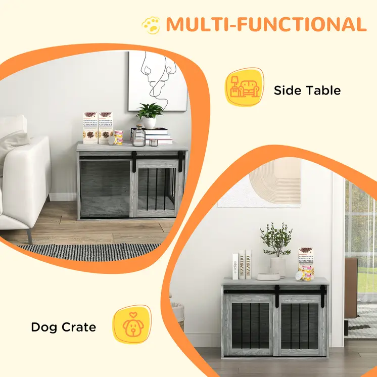 PawHut 80cm Dog Crate Furniture with Removable Cushion for Large Dogs in Grey