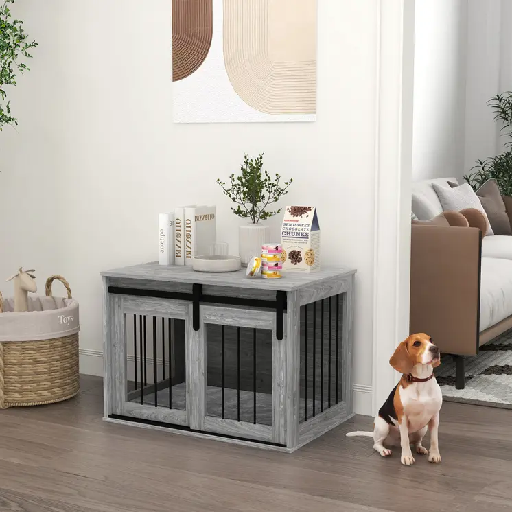 PawHut 80cm Dog Crate Furniture with Removable Cushion for Large Dogs in Grey
