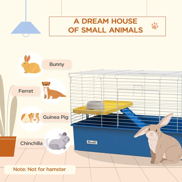 Chinchillas Small Rabbit Guinea Pig Small Animal Cage, Pet Playhouse, with Platform, Ramp, 99 x 52 x 53cm in Blue | PawHut