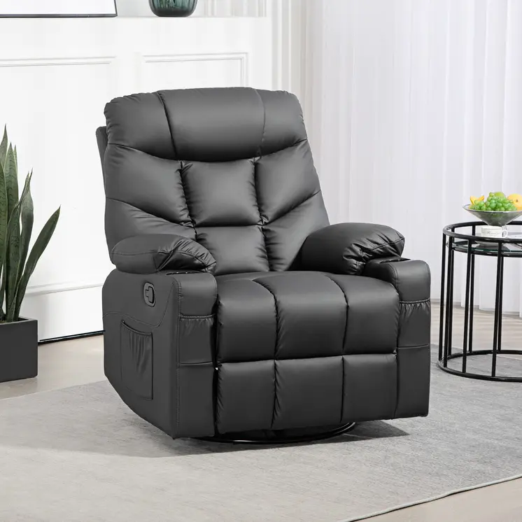 HOMCOM Manual Reclining Chair, Recliner Armchair with Swivel, Faux Leather, Footrest, Cup Holders, 86x93x102cm in Black