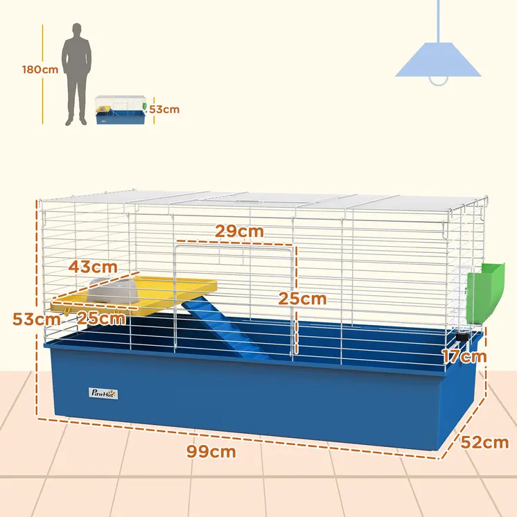 Chinchillas Small Rabbit Guinea Pig Small Animal Cage, Pet Playhouse, with Platform, Ramp, 99 x 52 x 53cm in Blue | PawHut
