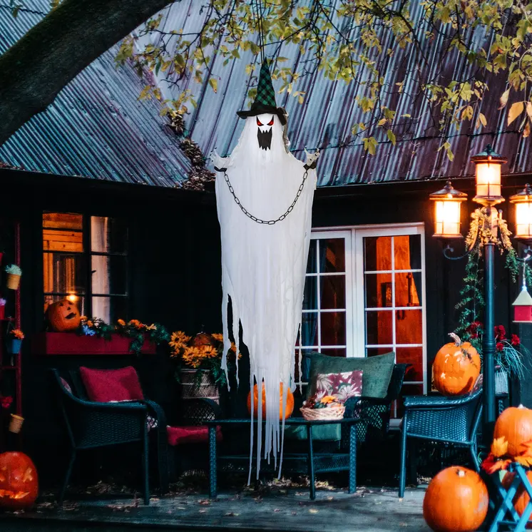 HOMCOM 204cm 80" Hanging Ghost Outdoor Halloween Decoration, Halloween Animatronic with Sound Activated, Light Up Eyes, Sound Effects, Animated Prop for Haunted House