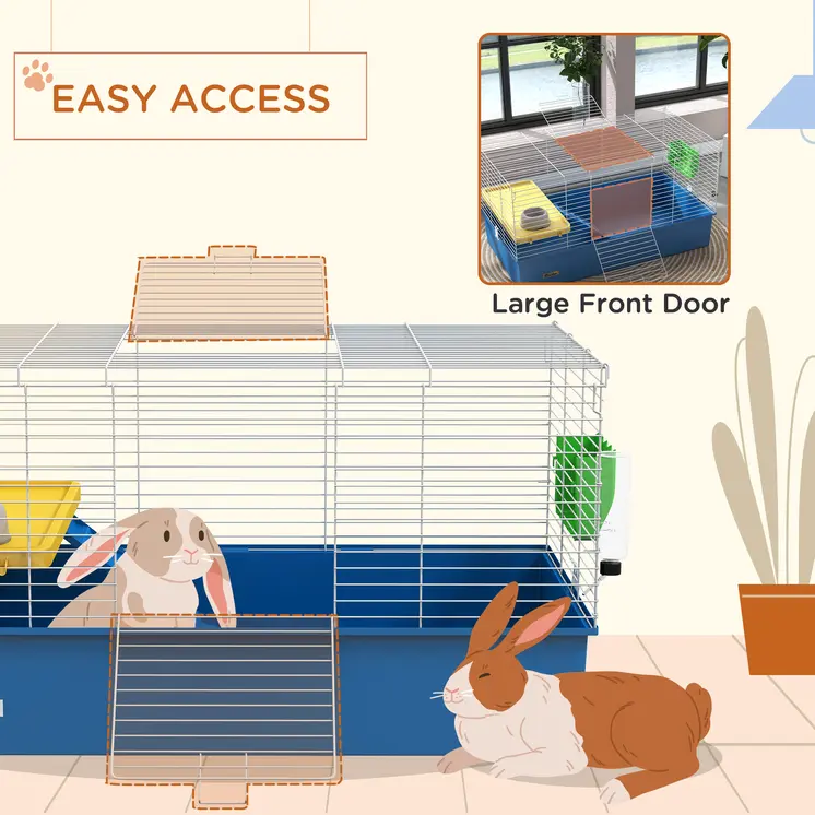 Chinchillas Small Rabbit Guinea Pig Small Animal Cage, Pet Playhouse, with Platform, Ramp, 99 x 52 x 53cm in Blue | PawHut