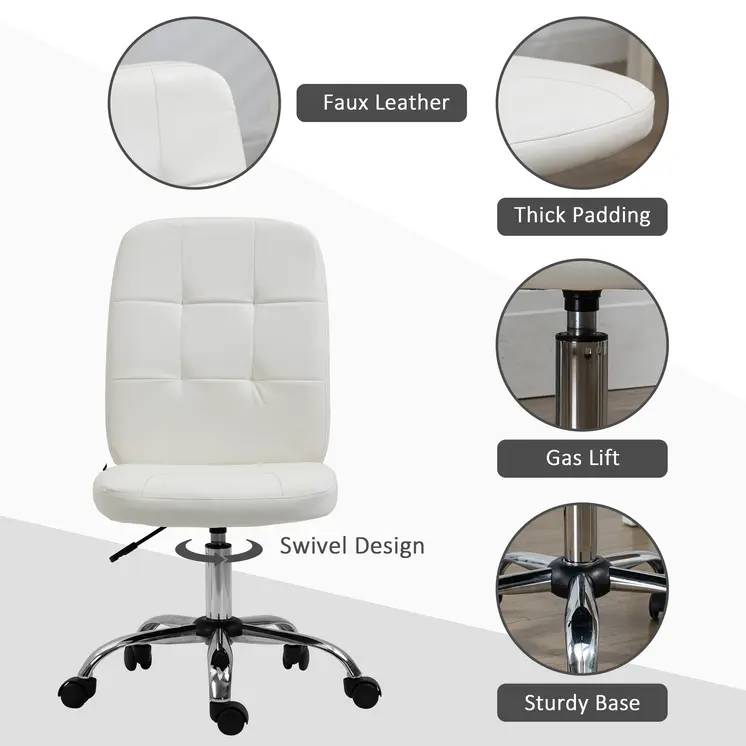 Computer Office Desk Chair, Faux Leather Desk Chair with Adjustable Height, Armless, White | Vinsetto
