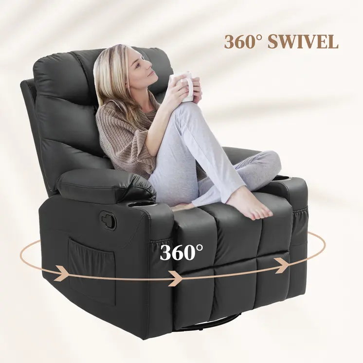 HOMCOM Manual Reclining Chair, Recliner Armchair with Swivel, Faux Leather, Footrest, Cup Holders, 86x93x102cm in Black