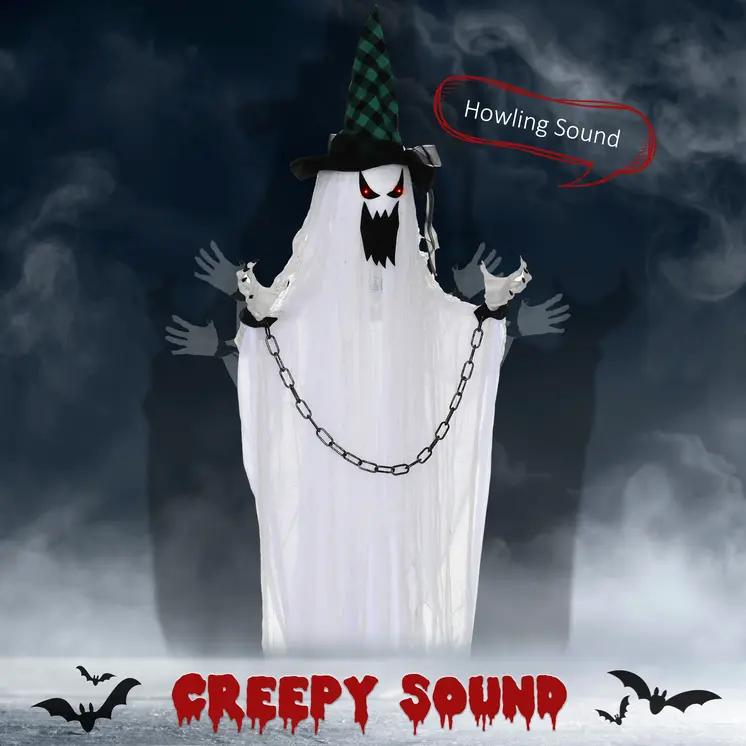 HOMCOM 204cm 80" Hanging Ghost Outdoor Halloween Decoration, Halloween Animatronic with Sound Activated, Light Up Eyes, Sound Effects, Animated Prop for Haunted House