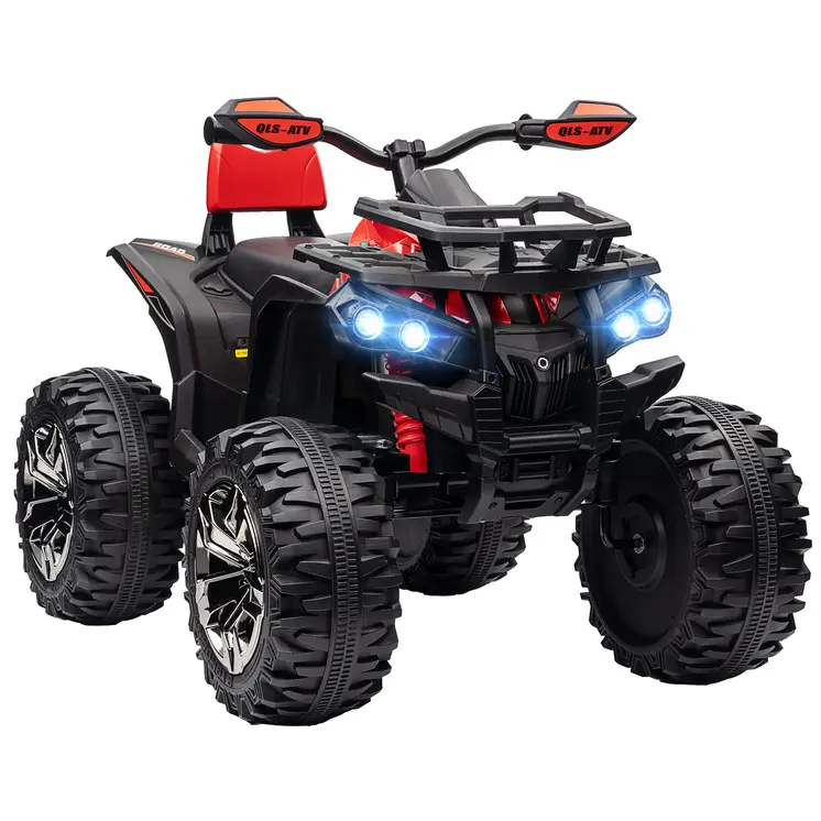 HOMCOM 12V Quad Bike ATV with LED Lights, Music, Backrest, Forward, Backward in Red