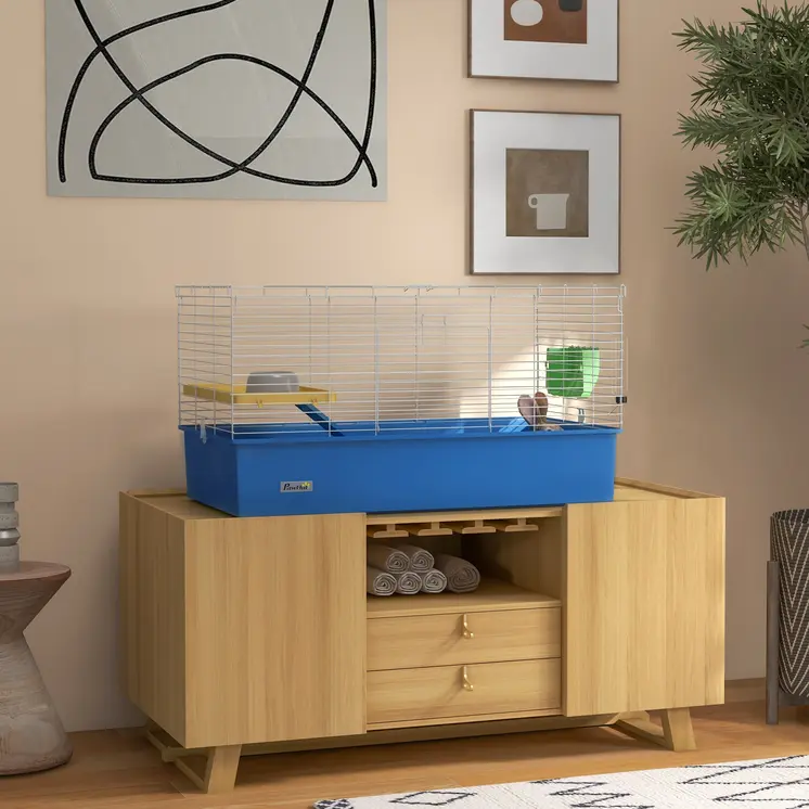 Chinchillas Small Rabbit Guinea Pig Small Animal Cage, Pet Playhouse, with Platform, Ramp, 99 x 52 x 53cm in Blue | PawHut