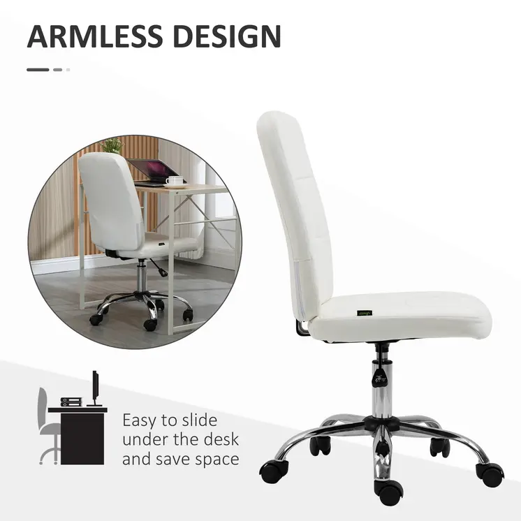 Computer Office Desk Chair, Faux Leather Desk Chair with Adjustable Height, Armless, White | Vinsetto