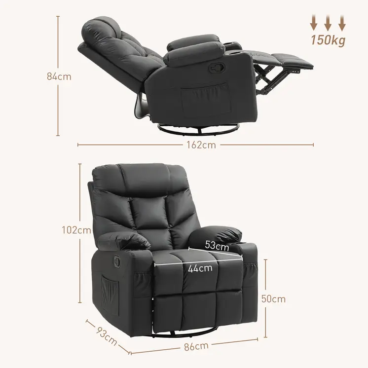 HOMCOM Manual Reclining Chair, Recliner Armchair with Swivel, Faux Leather, Footrest, Cup Holders, 86x93x102cm in Black