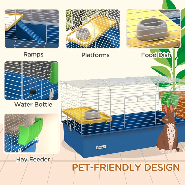Chinchillas Small Rabbit Guinea Pig Small Animal Cage, Pet Playhouse, with Platform, Ramp, 99 x 52 x 53cm in Blue | PawHut