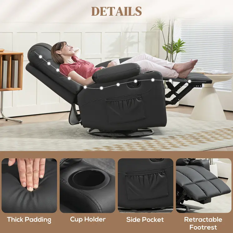 HOMCOM Manual Reclining Chair, Recliner Armchair with Swivel, Faux Leather, Footrest, Cup Holders, 86x93x102cm in Black