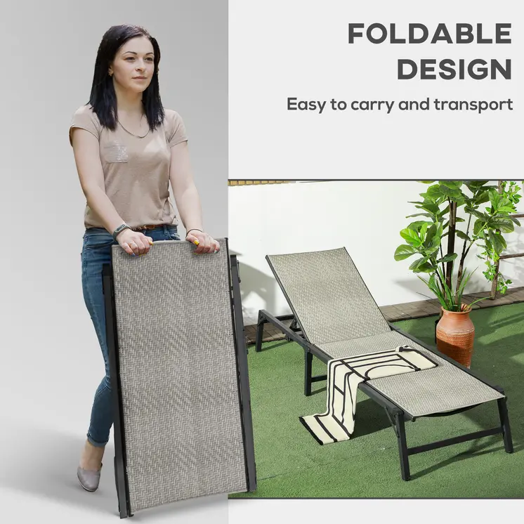 Outsunny Foldable Outdoor PE Rattan Sun Lounger Set of 2, Patio Wicker Recliners Lounge Chair with 5-Level Adjustable Backrest, for Poolside, Garden in Mixed Grey
