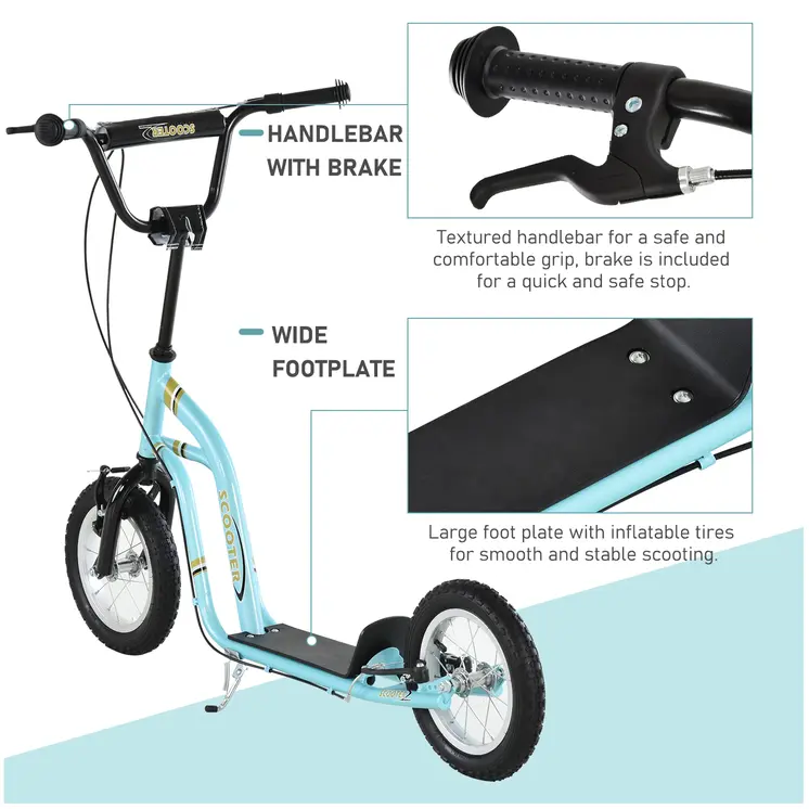 HOMCOM Teen Kids Stunt Scooter with Adjustable Handlebar, 12 Inch Rubber Tyres, Dual Brakes, Blue