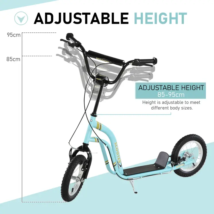 HOMCOM Teen Kids Stunt Scooter with Adjustable Handlebar, 12 Inch Rubber Tyres, Dual Brakes, Blue