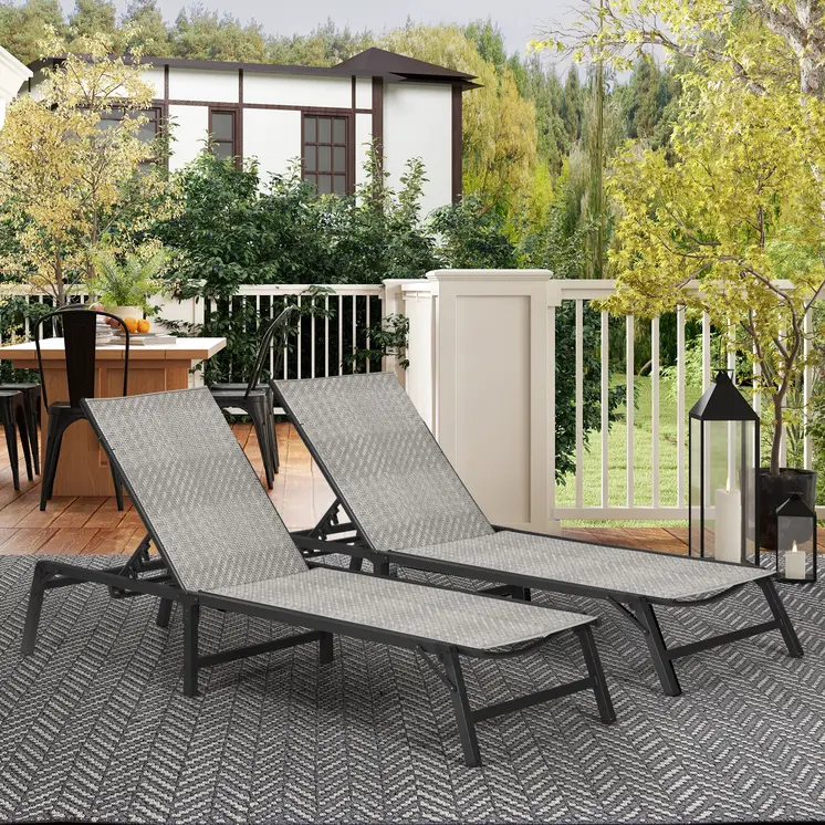 Outsunny Foldable Outdoor PE Rattan Sun Lounger Set of 2, Patio Wicker Recliners Lounge Chair with 5-Level Adjustable Backrest, for Poolside, Garden in Mixed Grey