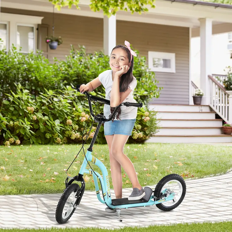 HOMCOM Teen Kids Stunt Scooter with Adjustable Handlebar, 12 Inch Rubber Tyres, Dual Brakes, Blue