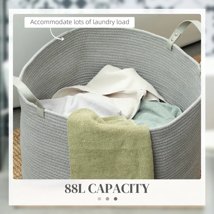 HOMCOM 88L Cotton Rope Laundry Basket with Handles in Grey