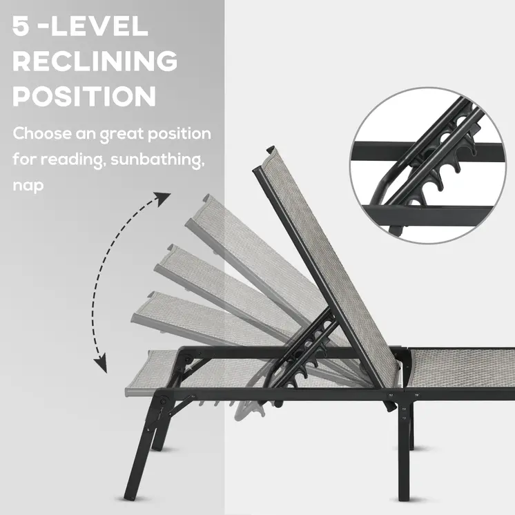 Outsunny Foldable Outdoor PE Rattan Sun Lounger Set of 2, Patio Wicker Recliners Lounge Chair with 5-Level Adjustable Backrest, for Poolside, Garden in Mixed Grey
