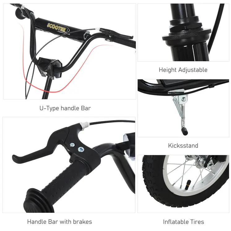 HOMCOM Teen Kids Stunt Scooter with Adjustable Handlebar, 12 Inch Rubber Tyres, Dual Brakes in Black