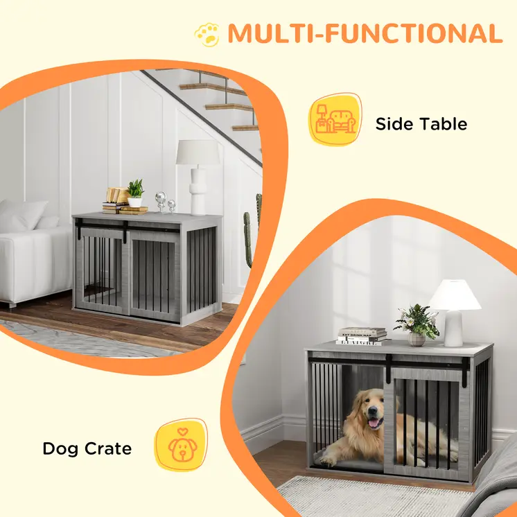 PawHut 100cm Dog Crate Furniture with Removable Cushion for Large Dogs in Grey