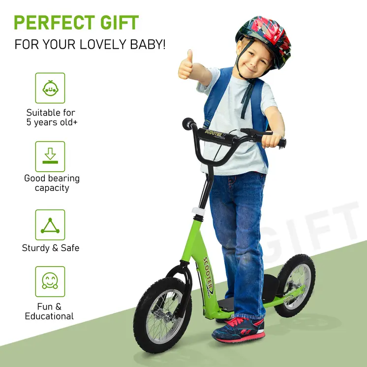 HOMCOM Teen Kids Stunt Scooter with Adjustable Handlebar, 12 Inch Rubber Tyres, Dual Brakes in Green