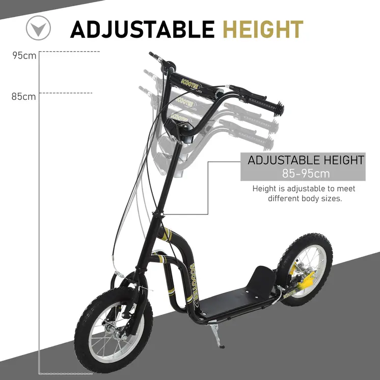 HOMCOM Teen Kids Stunt Scooter with Adjustable Handlebar, 12 Inch Rubber Tyres, Dual Brakes in Black