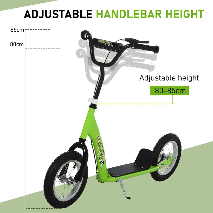 HOMCOM Teen Kids Stunt Scooter with Adjustable Handlebar, 12 Inch Rubber Tyres, Dual Brakes in Green