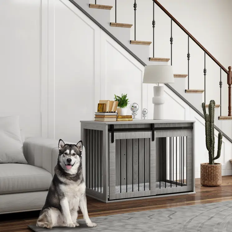 PawHut 100cm Dog Crate Furniture with Removable Cushion for Large Dogs in Grey