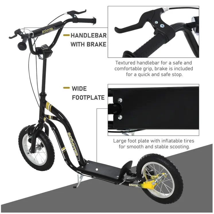 HOMCOM Teen Kids Stunt Scooter with Adjustable Handlebar, 12 Inch Rubber Tyres, Dual Brakes in Black