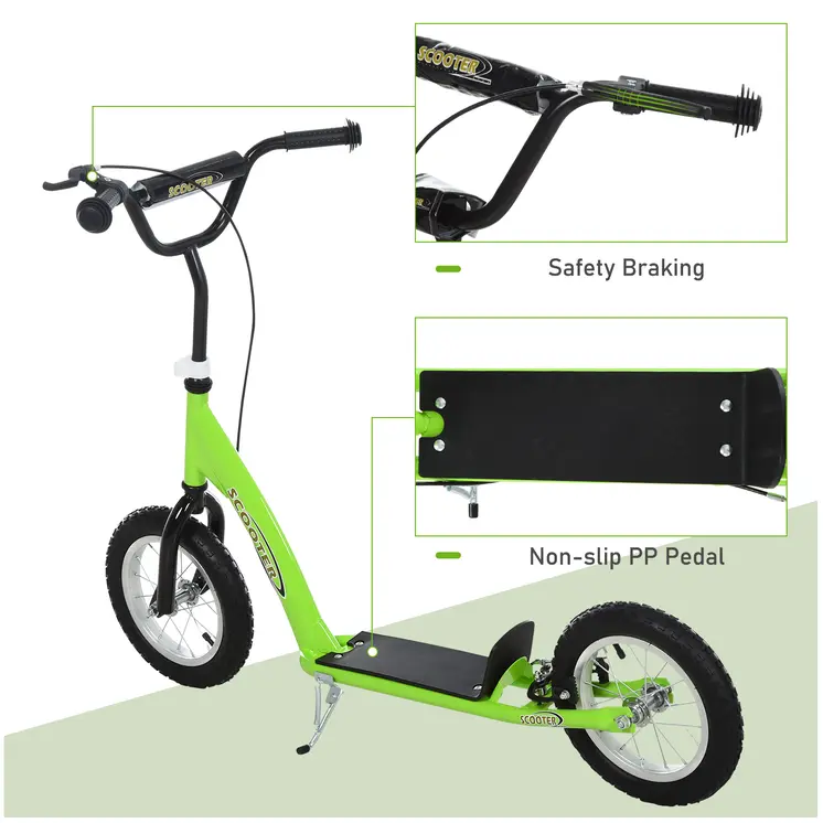 HOMCOM Teen Kids Stunt Scooter with Adjustable Handlebar, 12 Inch Rubber Tyres, Dual Brakes in Green