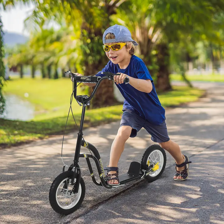 HOMCOM Teen Kids Stunt Scooter with Adjustable Handlebar, 12 Inch Rubber Tyres, Dual Brakes in Black