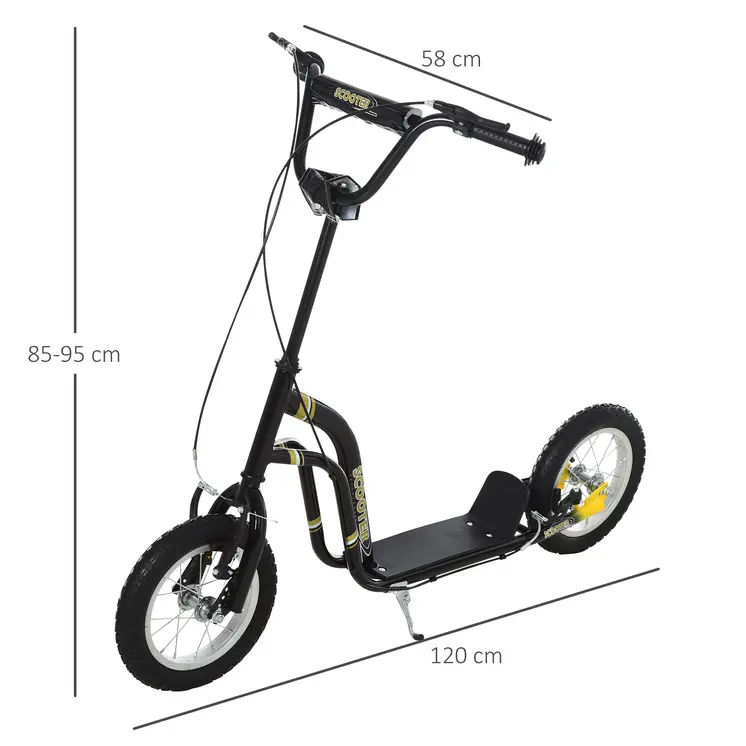 HOMCOM Teen Kids Stunt Scooter with Adjustable Handlebar, 12 Inch Rubber Tyres, Dual Brakes in Black
