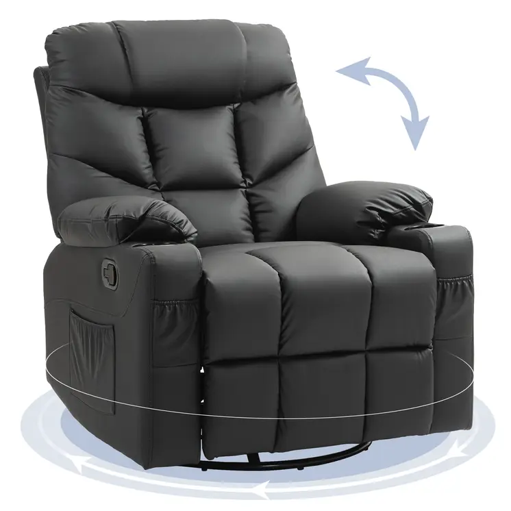 HOMCOM Manual Reclining Chair, Recliner Armchair with Swivel, Faux Leather, Footrest, Cup Holders, 86x93x102cm in Black