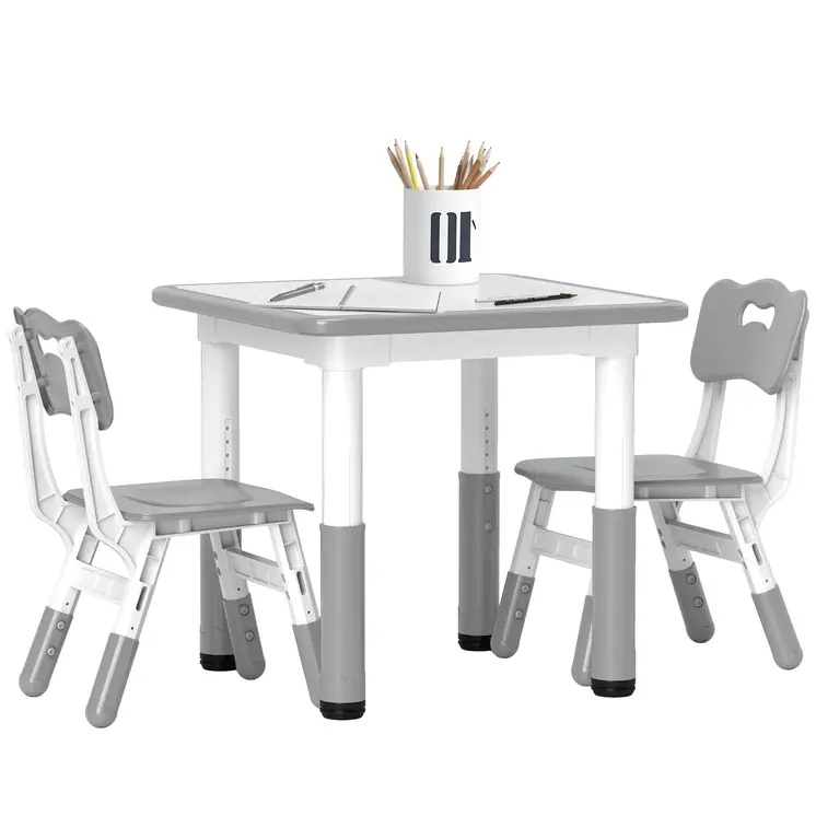 Height Adjustable Toddler Table and Chair Set, 3 Pcs Children Activity Table w/ 2 Chairs, for Playroom, Bedroom in Grey by AIYAPLAY