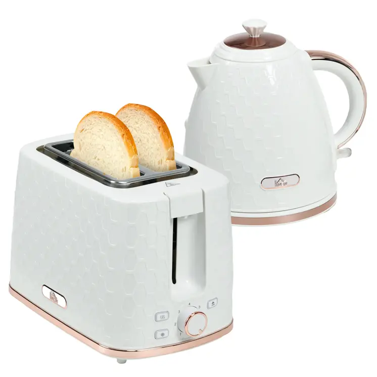HOMCOM 1.7L 3000W Fast Boil Kettle & 2 Slice Toaster Set, Kettle and Toaster Set with Auto Shut Off, Browning Controls, White