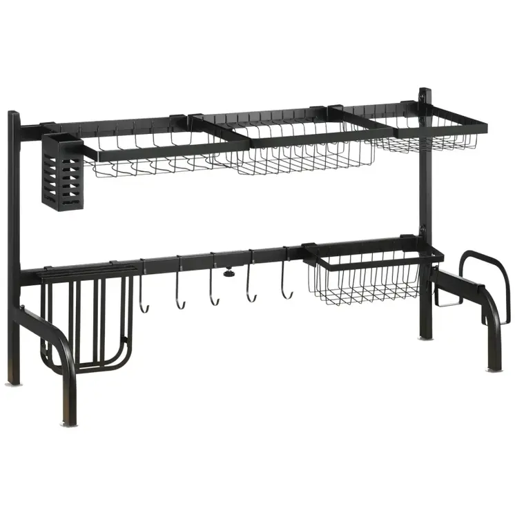 Space Saving 2 Tier Adjustable Dish Drainer Over The Sink Dish Drying Rack, Black | HOMCOM