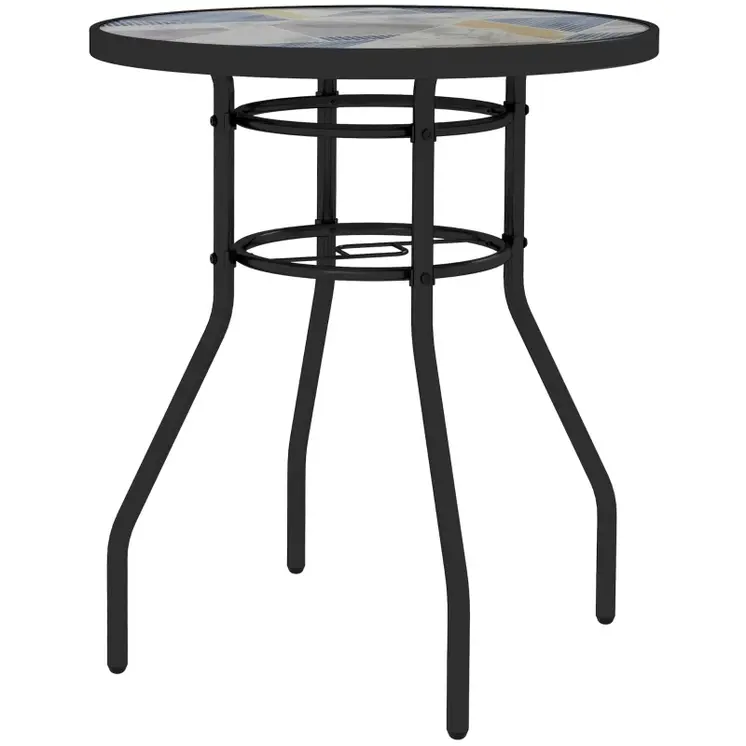 Garden Table with Tempered Glass Top, Printed Design, Steel Frame, for Porch, Multicolour | Outsunny