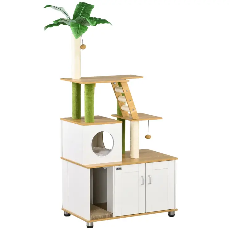 Cat Tree w/ Hidden Litter Box Enclosure, 2 in 1 Green Leaf Cat Tower Litter Box Furniture w/ House, Ladder, Scratching Posts | PawHut