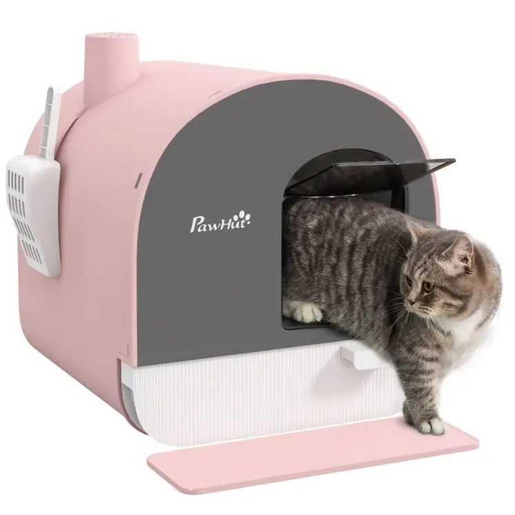 Hooded Cat Litter Box, Kitten Litter Tray, with Lid, Scoop, Filter, Flap Door, Pink | PawHut