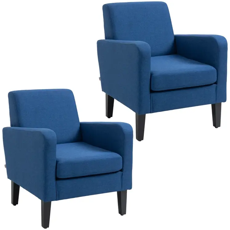 2 Pieces Modern Armchairs with Rubber Wood Legs, Upholstered Accent Chairs, Single Sofa for Living Room, Bedroom, Blue by HOMCOM