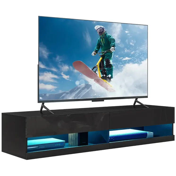 HOMCOM Floating TV Unit Wall Mounted TV Cabinet, High Gloss Media Wall Unit with LED Lights, Storages Shelves for Living Entertainment Room in Black