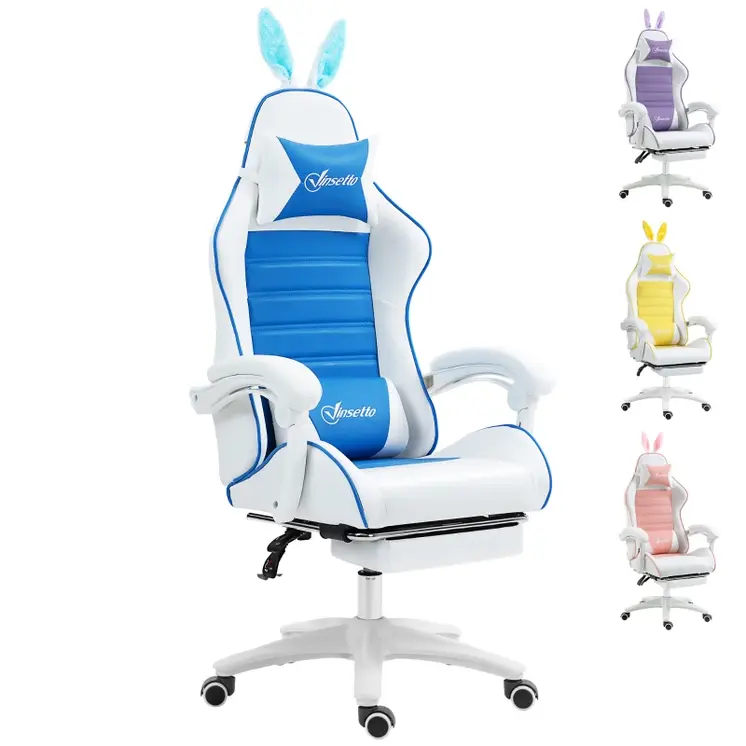 Vinsetto Racing Computer Gaming Chair, Reclining PU Leather Chair with Removable Rabbit Ears, Footrest and Lumber Support in Blue